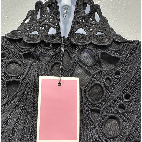 PrettyLittleThing Midi Dress Womens 8 Black Eyelet Crochet Zip Long Sleeves NWT - Picture 8 of 16